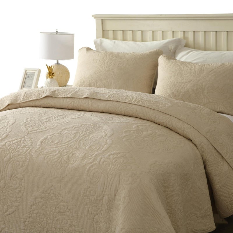 ABREEZE Cream Bedding King Size Cotton Vintage Floral Paisley Quilt Set Scalloped Comforter Bedspread Quilted Coverlet Cotton Beige Comforter King Size 3 Pieces - Image 2